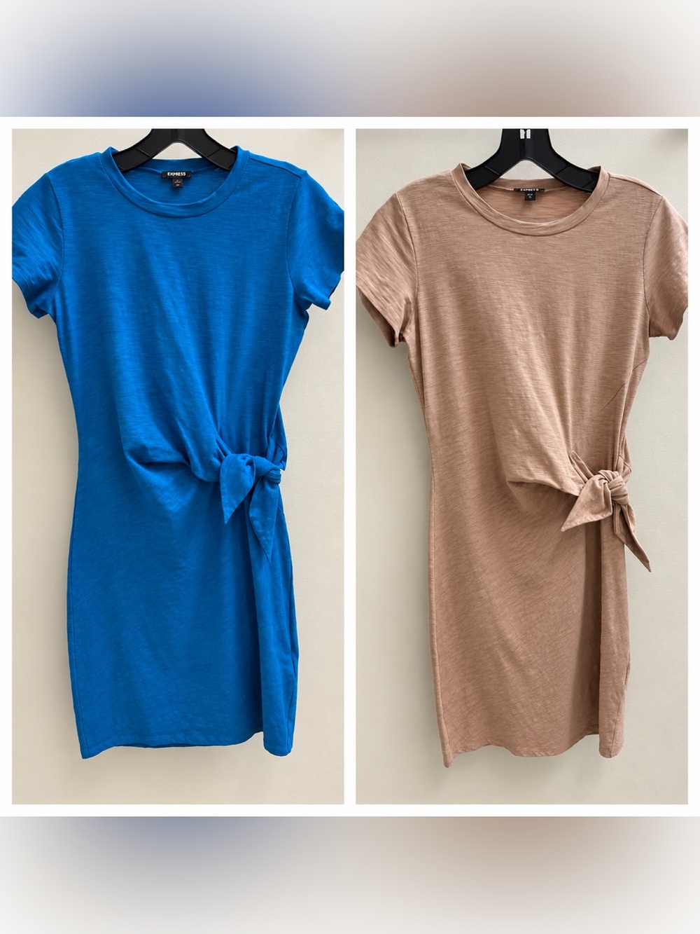 Express Short-Sleeve Tie-Front Knot Mini Dress Tan and Blue XXS BUNDLE OF 2